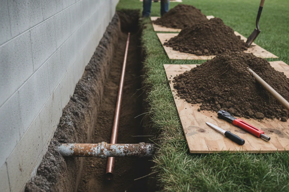 Excavated water line trench during Sewer Line Repair in Ramsey